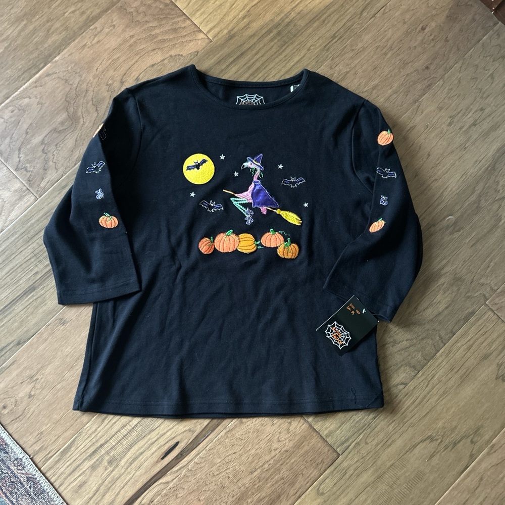 🕸️ Embroidered Halloween Witch Long Sleeve 🎃 Black Spooky Pumpkin Top NWT